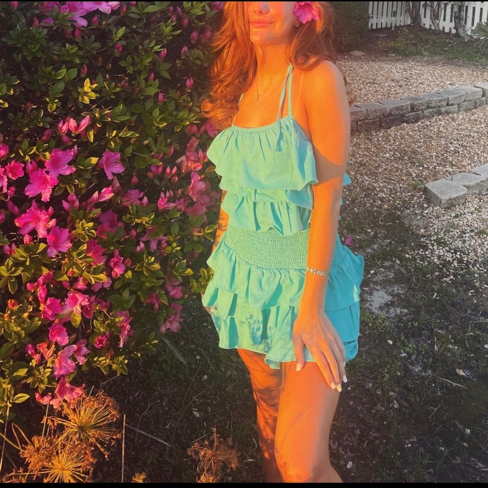Do + Be turquoise ruffle mini dress
